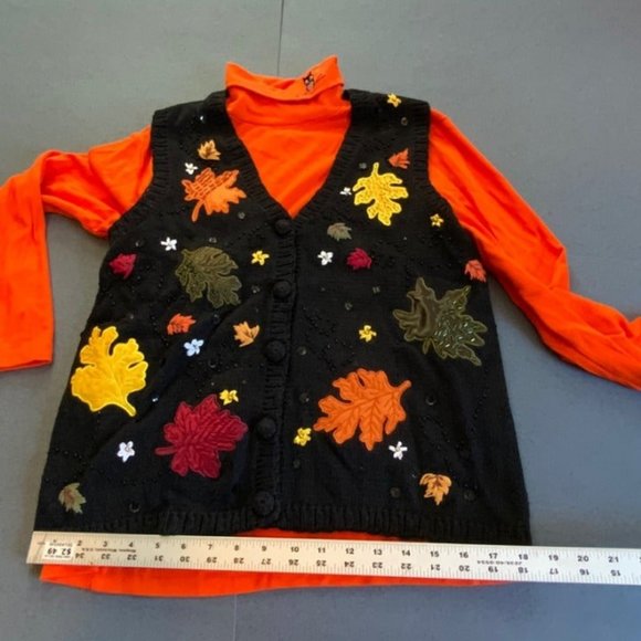Ugly Halloween Vest Turtleneck Owl Leaf Orange Black Leaves Red Yellow Green - Picture 6 of 12